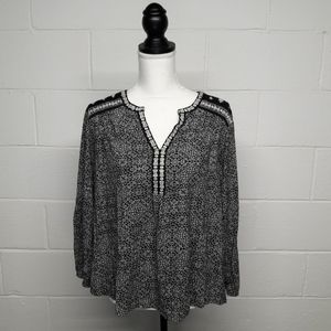 Lucky Brand Womens Plus Size 1X Boho Top Black White Embroidered Cotton Modal